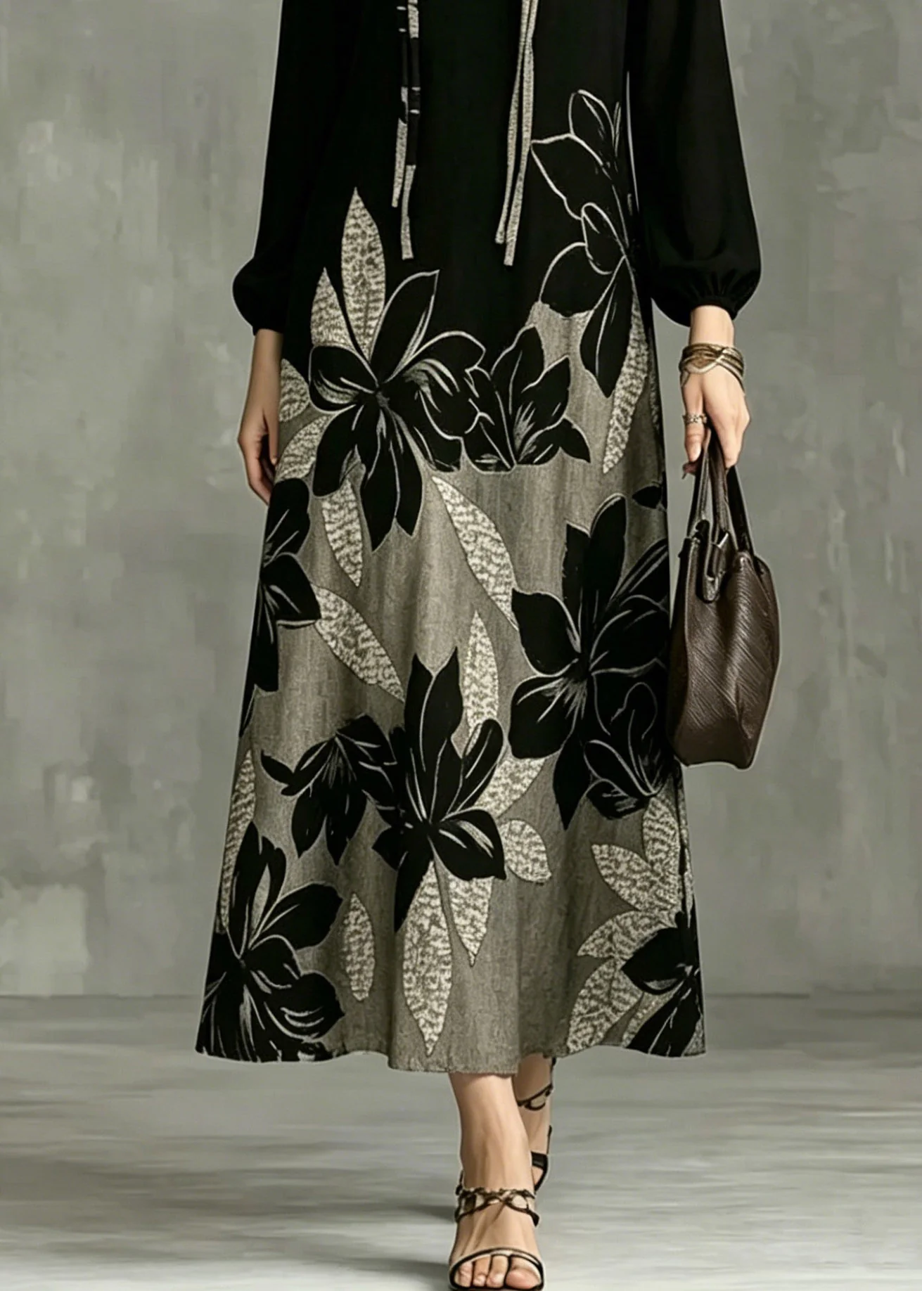 Casual Black V Neck Patchwork Vacation Long Dresses Lantern Sleeve - Image 4
