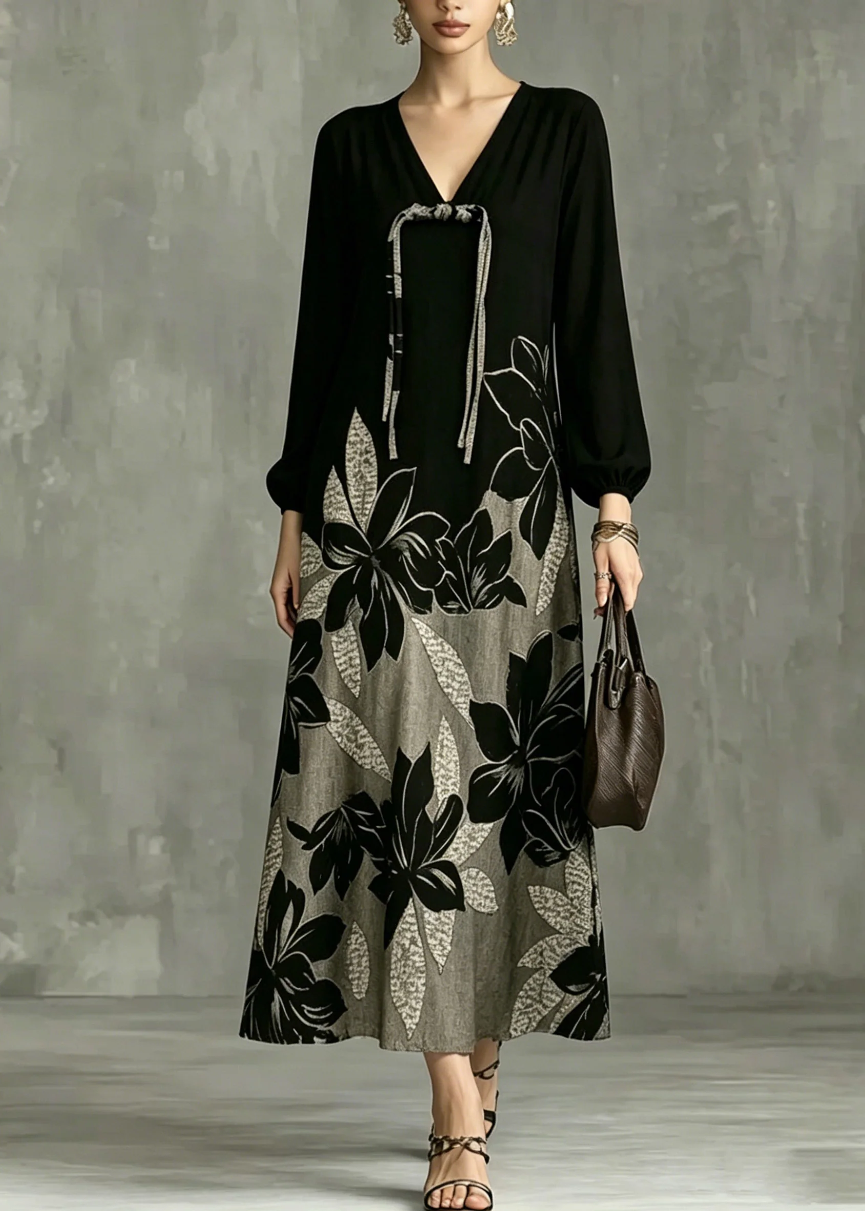 Casual Black V Neck Patchwork Vacation Long Dresses Lantern Sleeve - Image 5