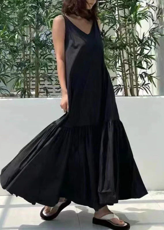 Casual Black V Neck Patchwork Wrinkled Cotton Dress Summer - Image 2