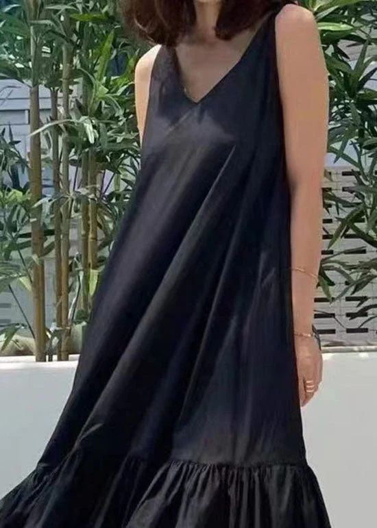 Casual Black V Neck Patchwork Wrinkled Cotton Dress Summer - Image 3