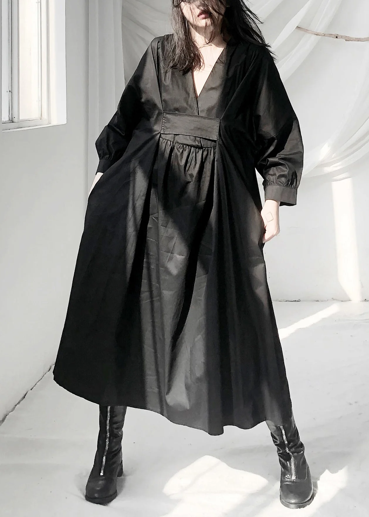 Casual Black V Neck Patchwork Wrinkled Maxi Dress Long Sleeve - Image 2