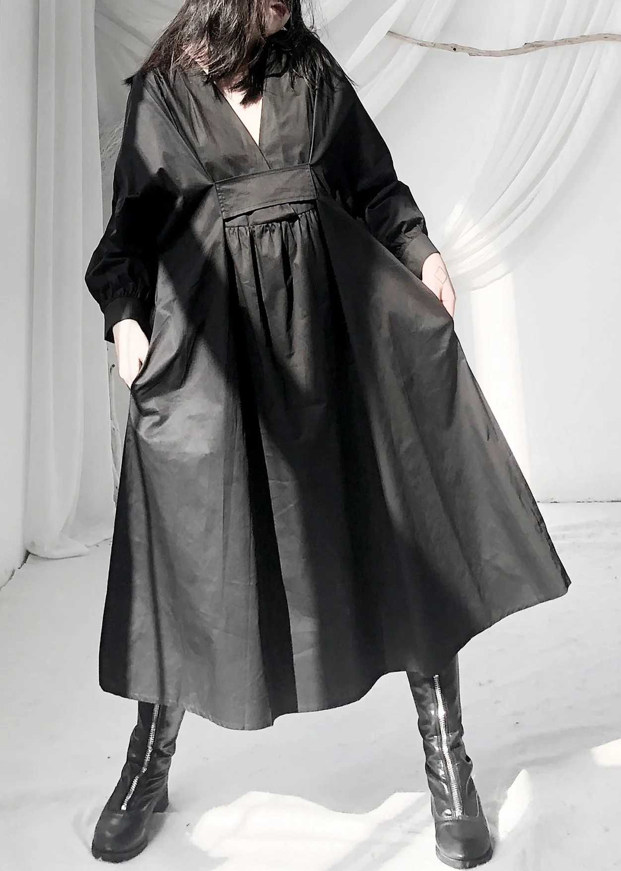 Casual Black V Neck Patchwork Wrinkled Maxi Dress Long Sleeve - Image 3