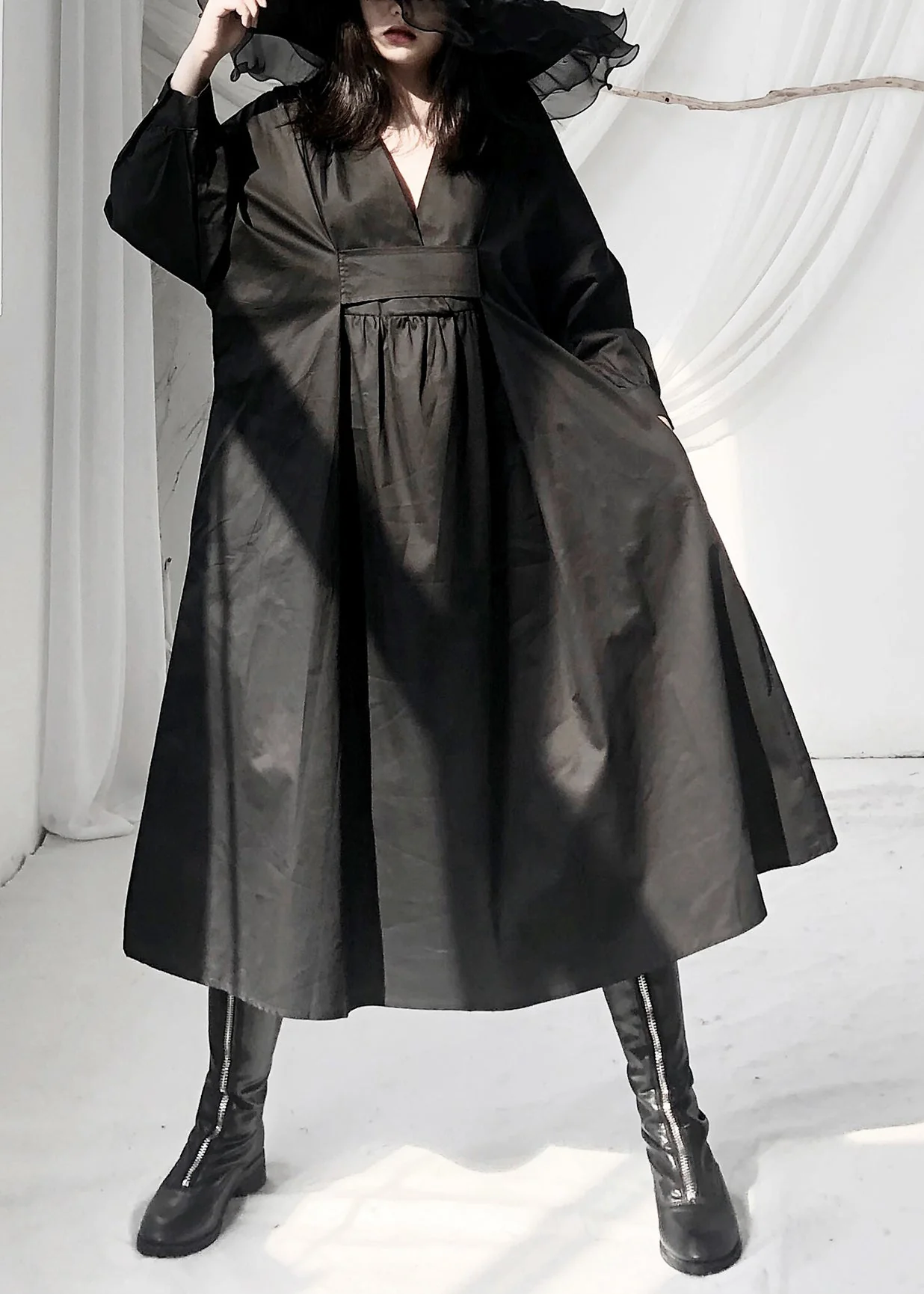 Casual Black V Neck Patchwork Wrinkled Maxi Dress Long Sleeve - Image 4