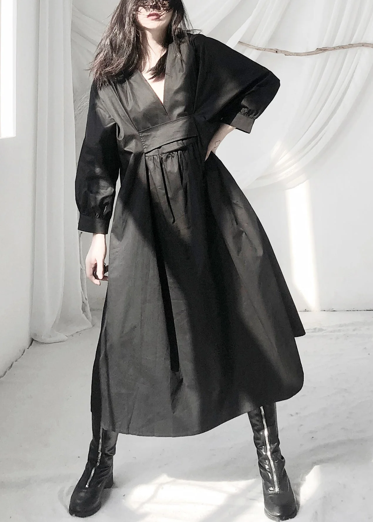Casual Black V Neck Patchwork Wrinkled Maxi Dress Long Sleeve - Image 5