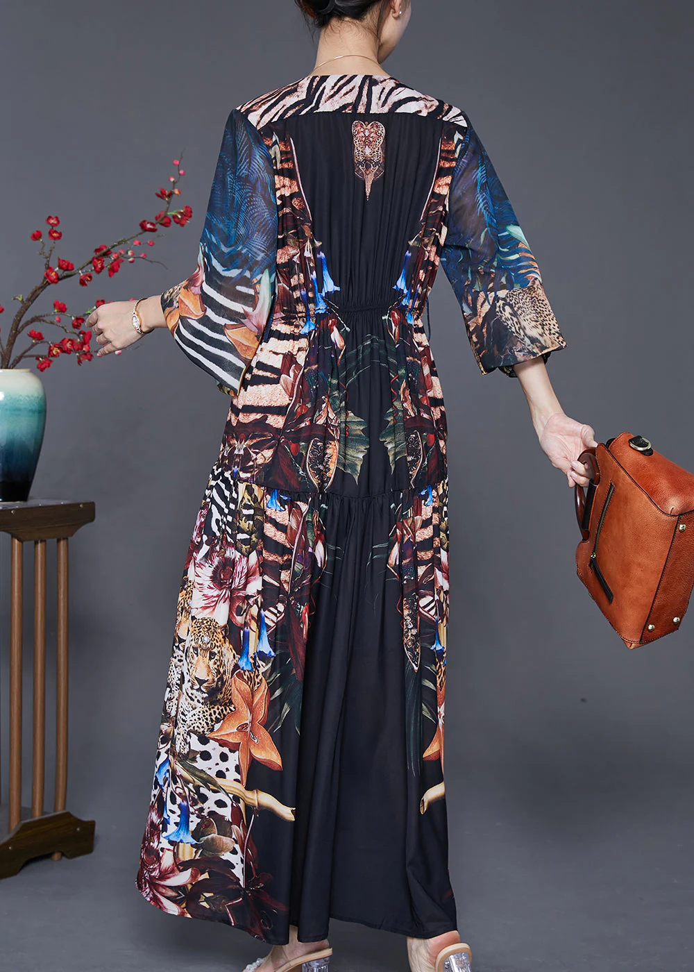 Casual Black V Neck Print Exra Large Hem Chiffon Maxi Dresses Fall - Image 4