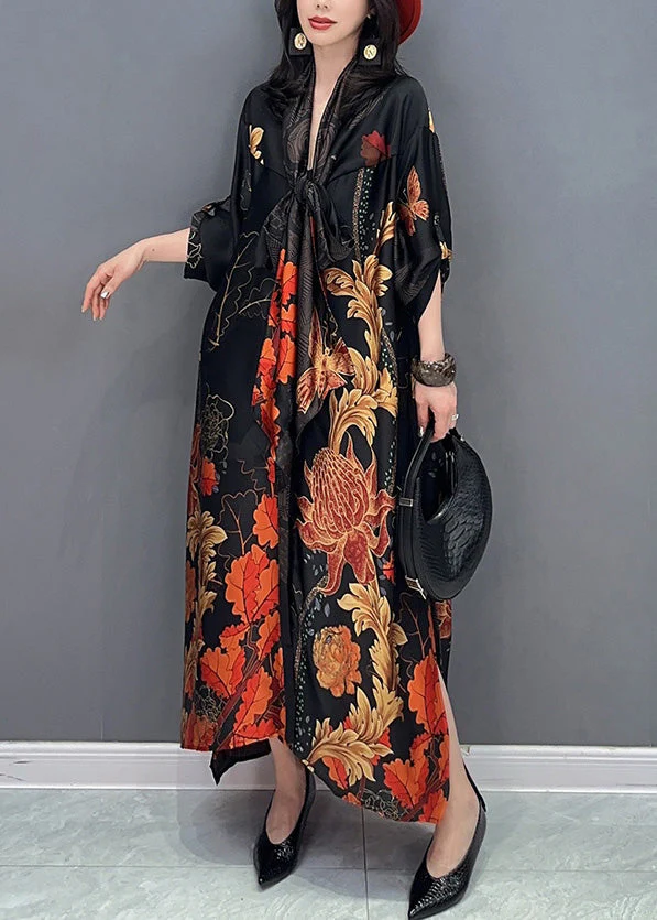 Casual Black V Neck Print Robe Dresses Summer - Image 4