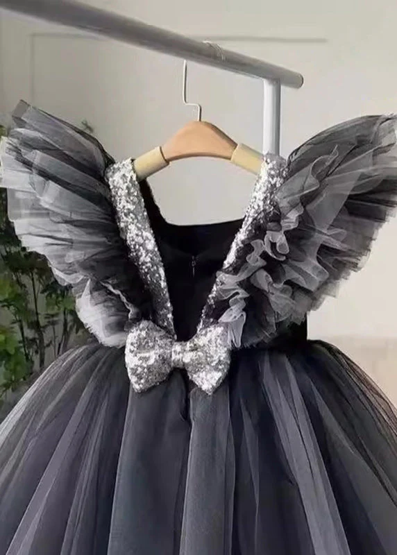 Casual Black V Neck Tulle Patchwork Girls Long Dress Summer - Image 4
