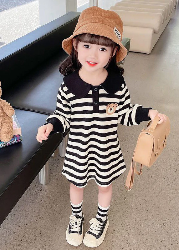 Casual Black White Striped Peter Pan Collar Print Kids Mid Dress Fall - Image 2
