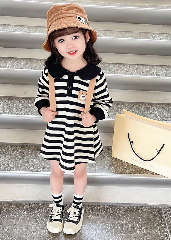 Casual Black White Striped Peter Pan Collar Print Kids Mid Dress Fall - Image 3