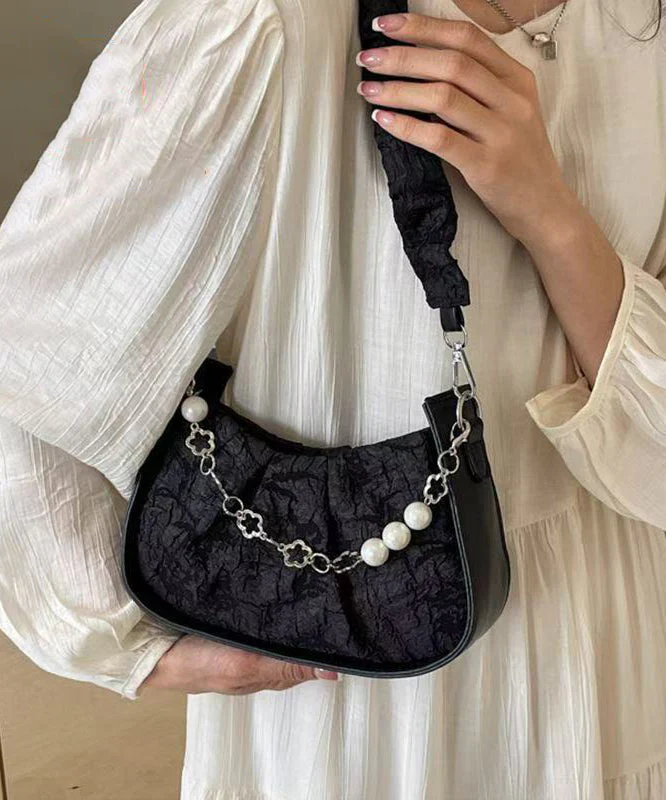 Casual Black Wrinkled Pearl Chain Linked Faux Leather Micro Bag - Image 3