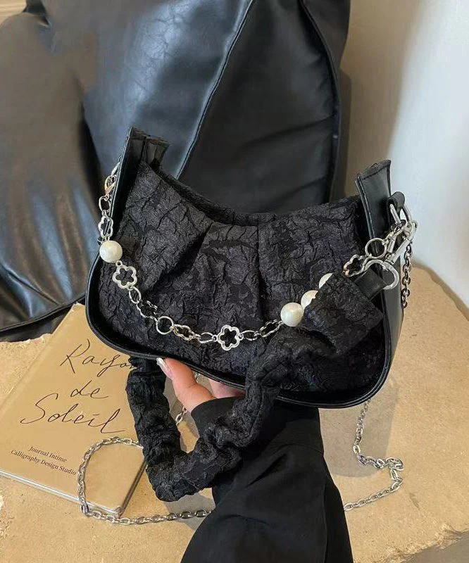 Casual Black Wrinkled Pearl Chain Linked Faux Leather Micro Bag - Image 4