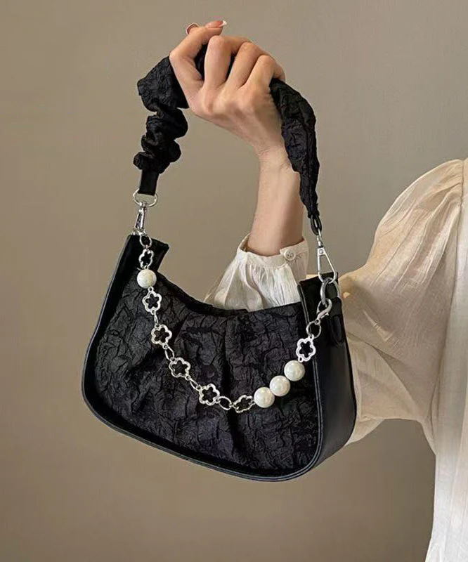 Casual Black Wrinkled Pearl Chain Linked Faux Leather Micro Bag - Image 5