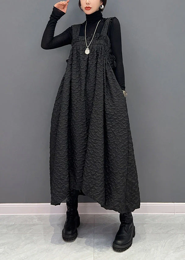 Casual Black Wrinkled Pockets Patchwork Cotton Carpenter Dresses Fall - Image 2