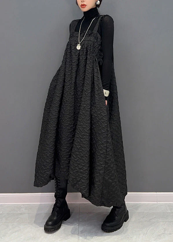Casual Black Wrinkled Pockets Patchwork Cotton Carpenter Dresses Fall - Image 3
