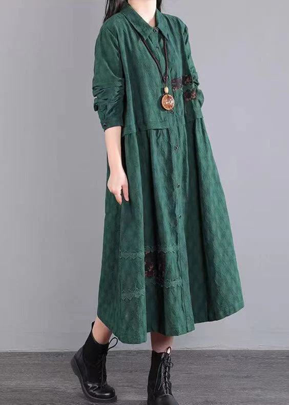 Casual Blackish Green Pockets Patchwork Cotton Shirts Dresses Fall - Image 3