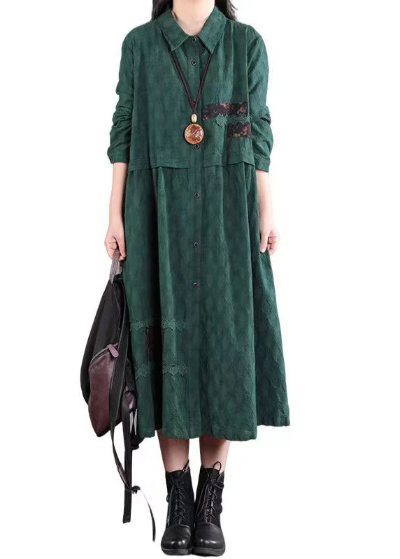 Casual Blackish Green Pockets Patchwork Cotton Shirts Dresses Fall - Image 5