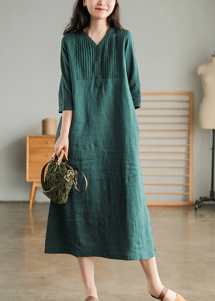 Casual Blackish Green V Neck Linen Vacation Dresses Half Sleeve - Image 2