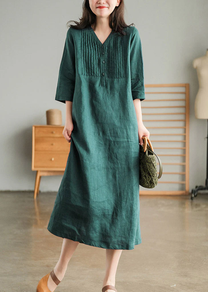 Casual Blackish Green V Neck Linen Vacation Dresses Half Sleeve - Image 3