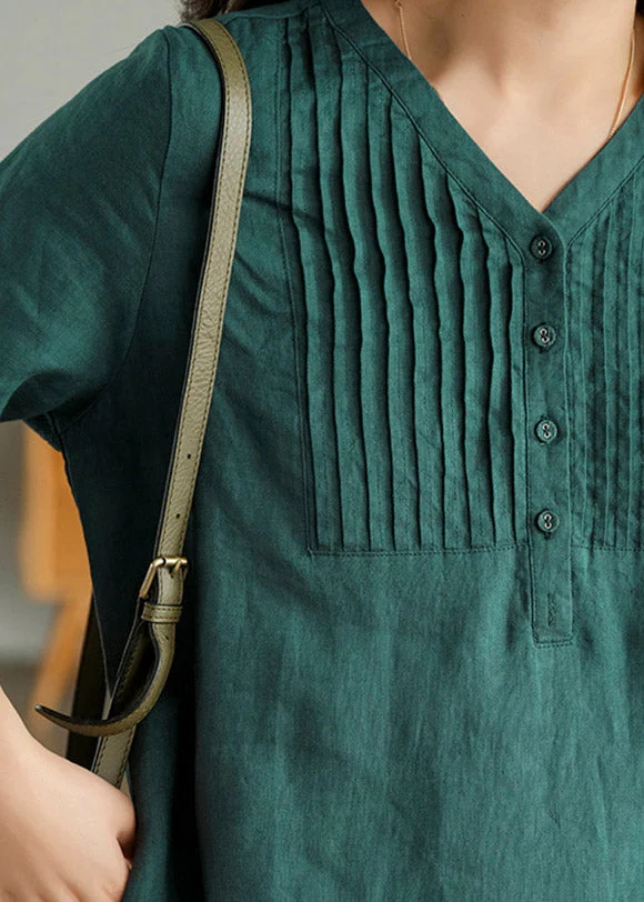 Casual Blackish Green V Neck Linen Vacation Dresses Half Sleeve - Image 4