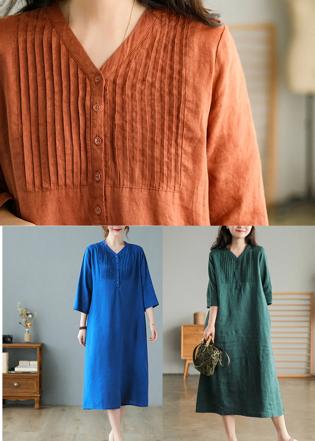 Casual Blackish Green V Neck Linen Vacation Dresses Half Sleeve - Image 5