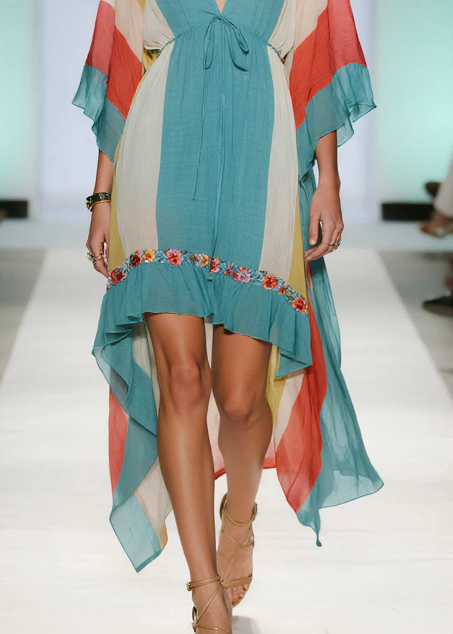 Casual Blue Asymmetrical Striped Cotton Dresses Summer - Image 4
