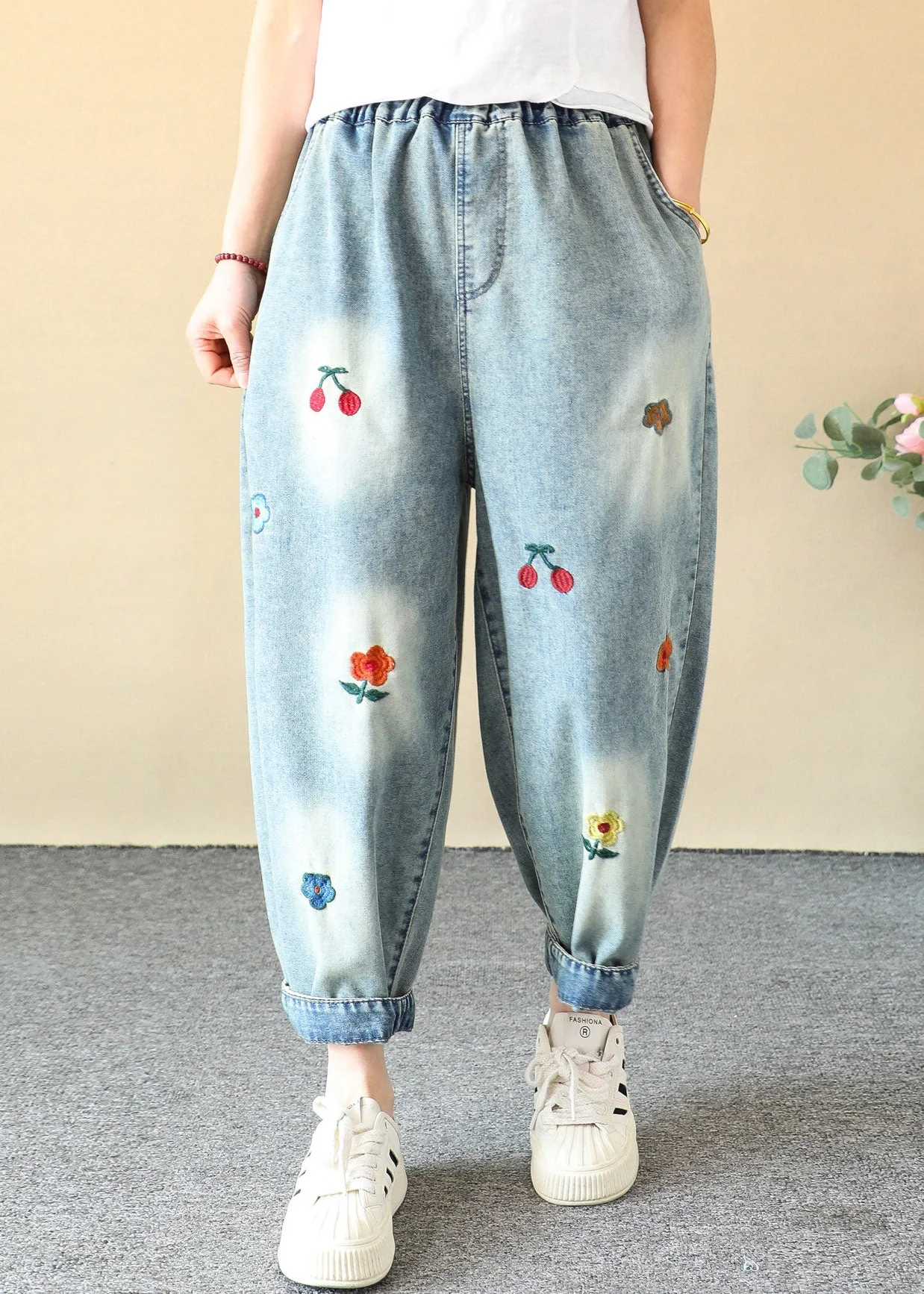 Casual Blue Cherry Embroidered Elastic Waist Crop Harem Jeans Summer - Image 3