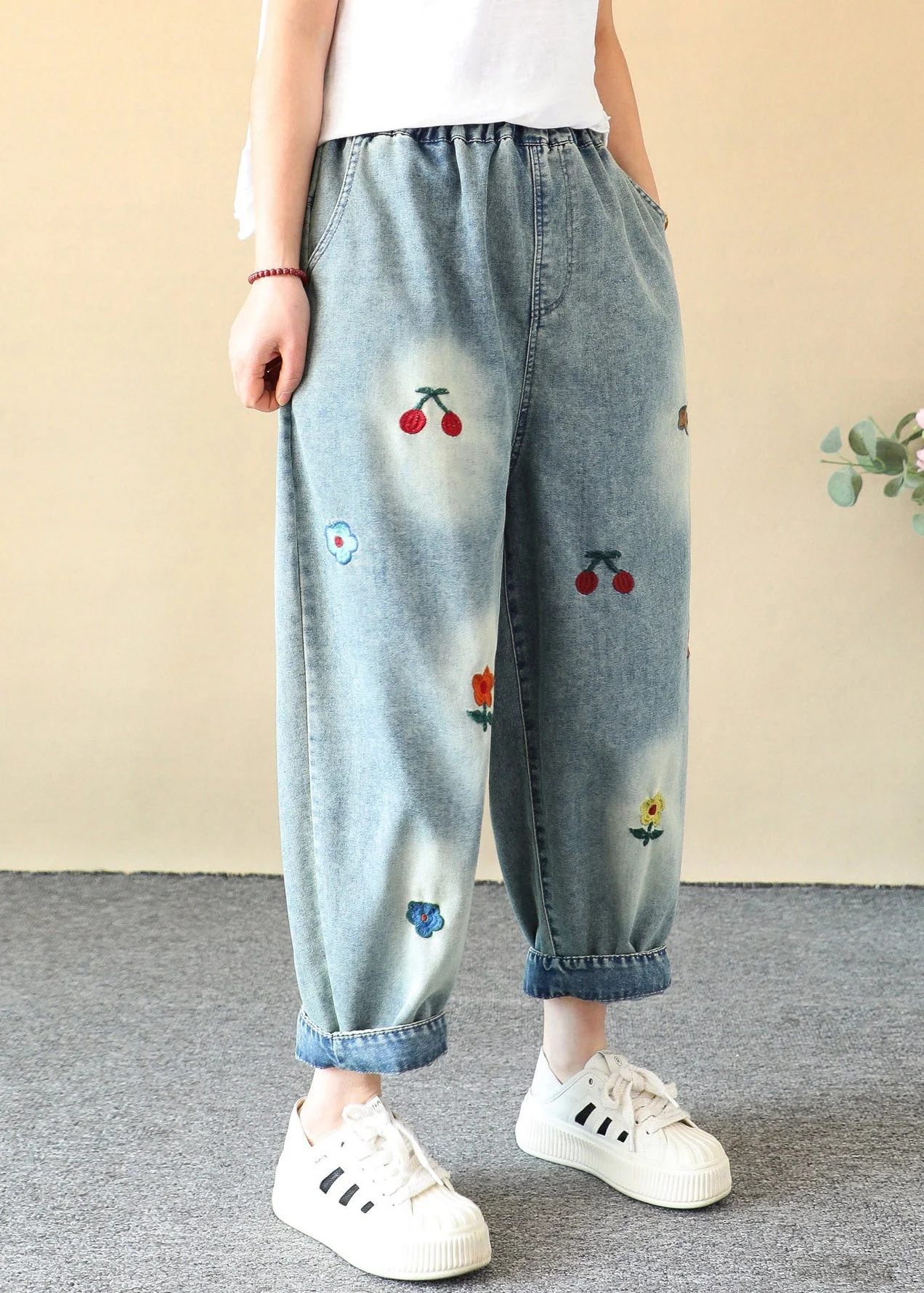 Casual Blue Cherry Embroidered Elastic Waist Crop Harem Jeans Summer - Image 4