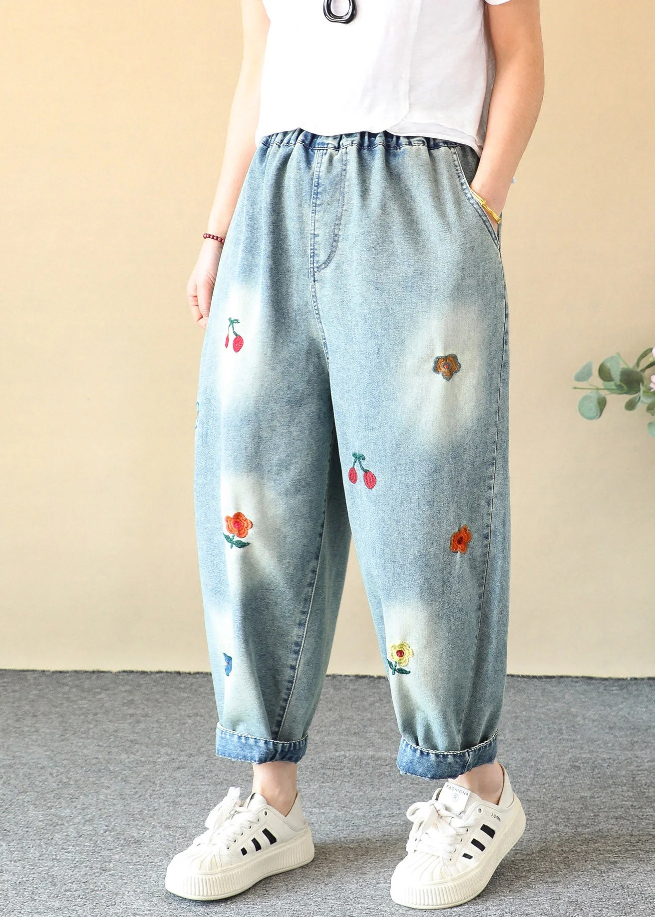 Casual Blue Cherry Embroidered Elastic Waist Crop Harem Jeans Summer - Image 5