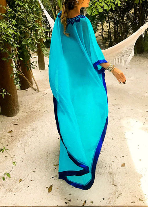 Casual Blue Embroideried Chiffon Beach Gown Summer Dress - Image 3