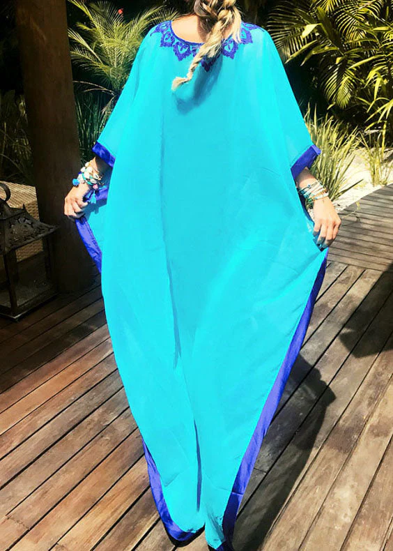 Casual Blue Embroideried Chiffon Beach Gown Summer Dress - Image 4