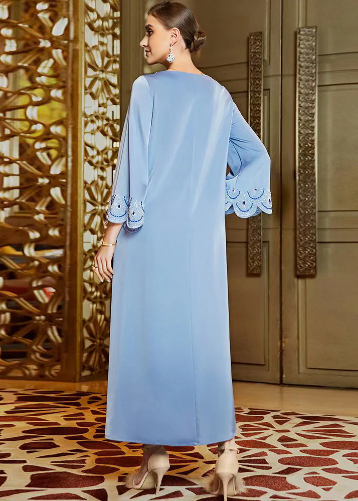Casual Blue Embroideried Nail Bead Chiffon Vacation Long Dresses Long Sleeve - Image 5