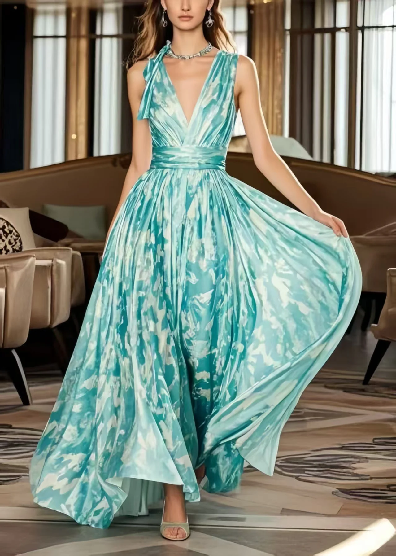 Casual Blue Exra Large Hem Print Chiffon Holiday Dress Summer - Image 3