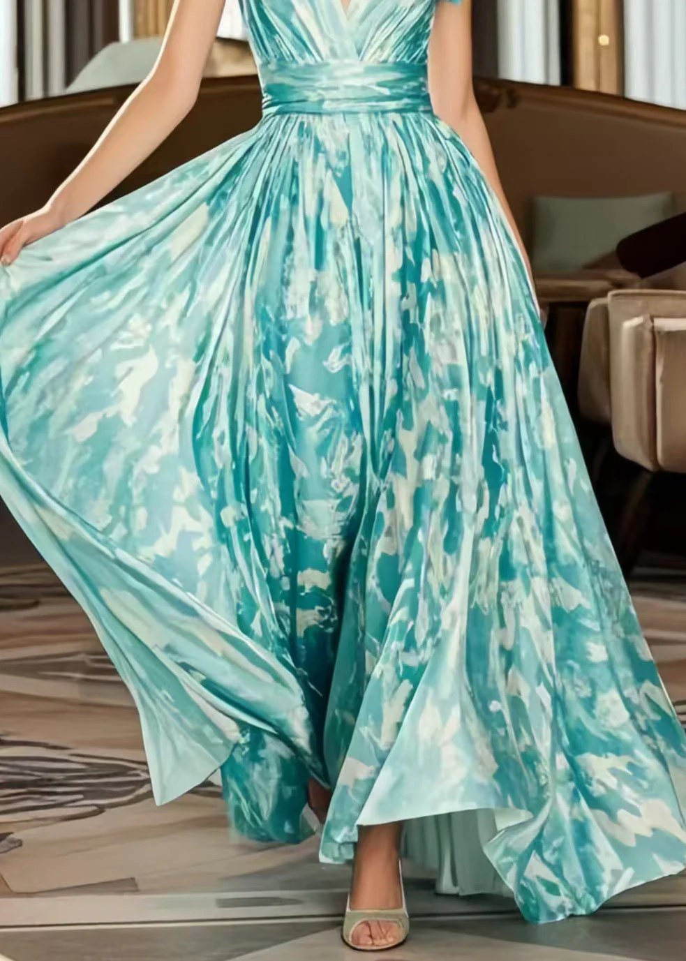 Casual Blue Exra Large Hem Print Chiffon Holiday Dress Summer - Image 4