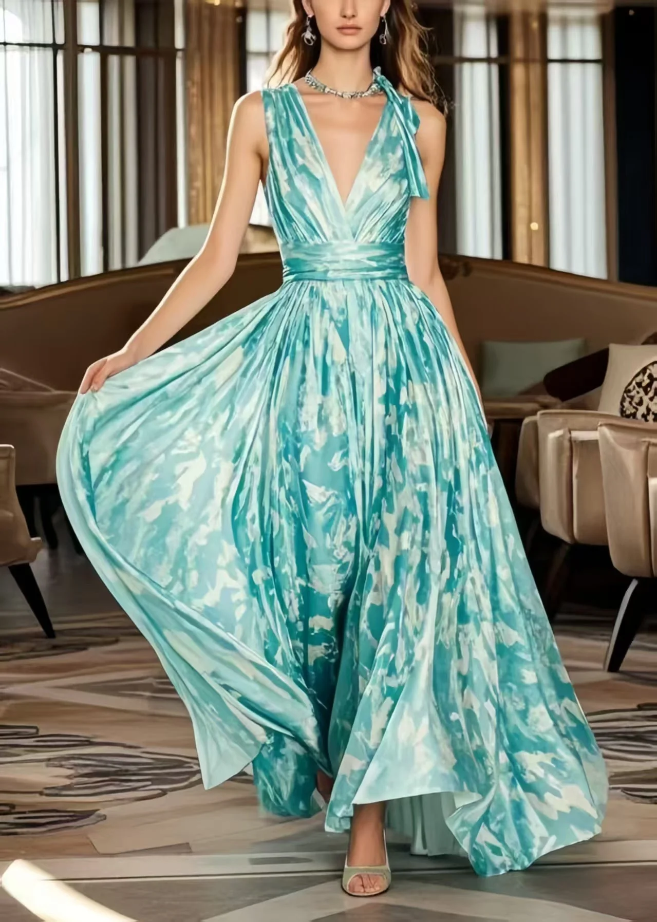 Casual Blue Exra Large Hem Print Chiffon Holiday Dress Summer - Image 5
