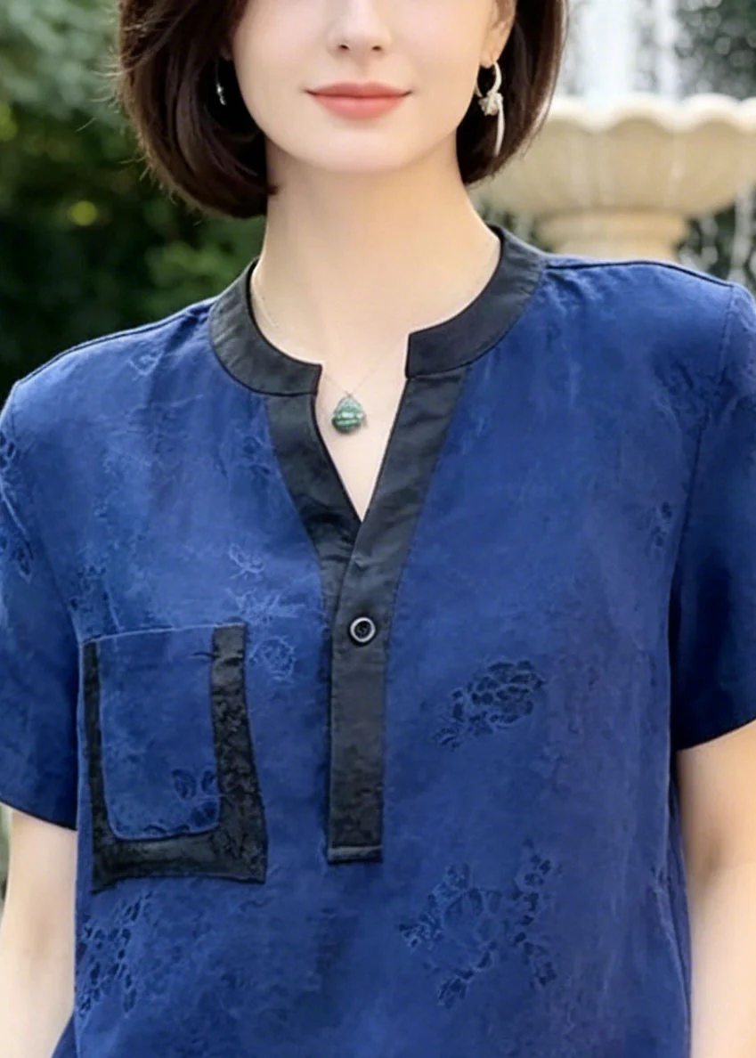 Casual Blue Jacquard Patchwork Pocket Silk Blouses Summer - Image 2