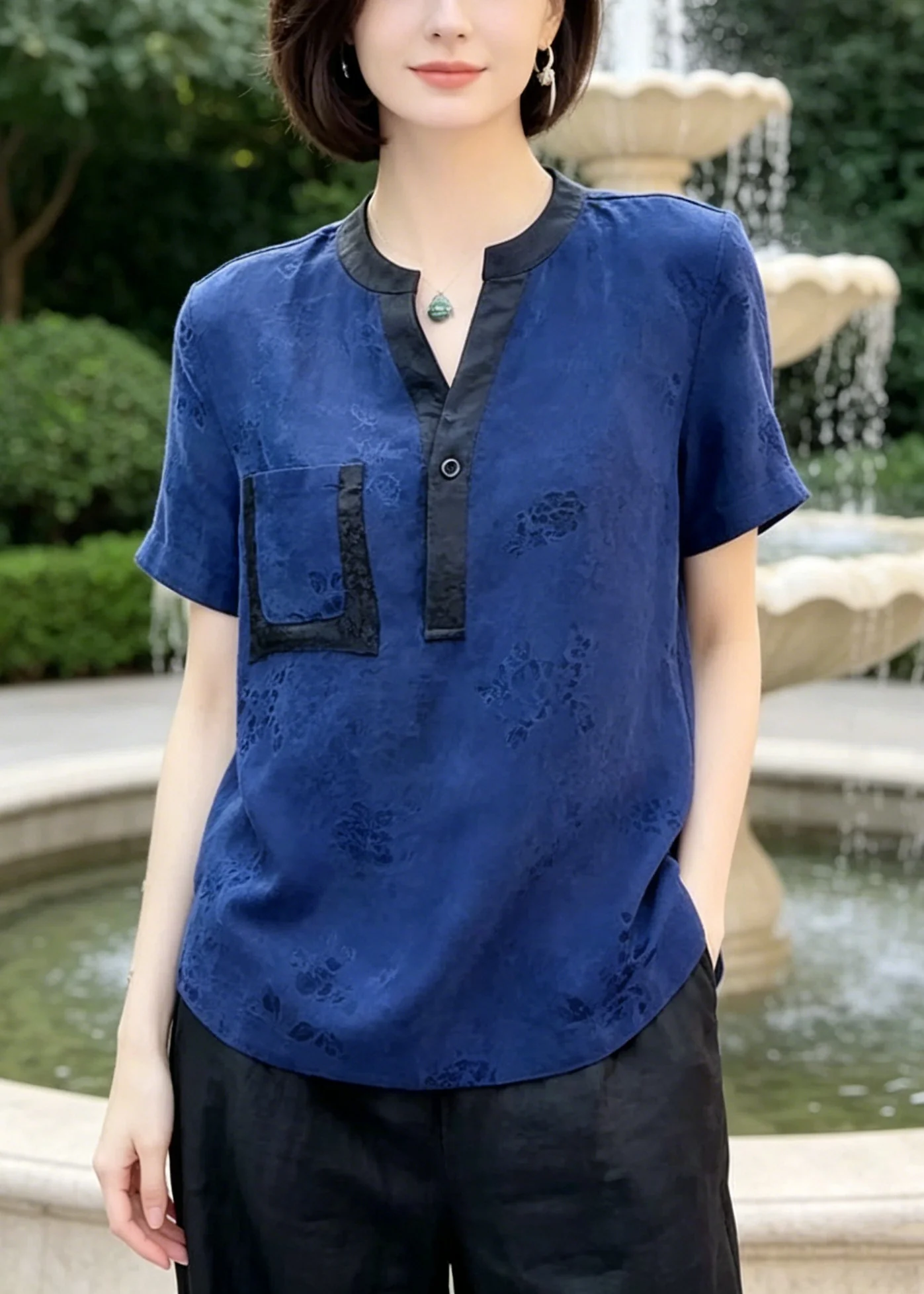 Casual Blue Jacquard Patchwork Pocket Silk Blouses Summer - Image 5