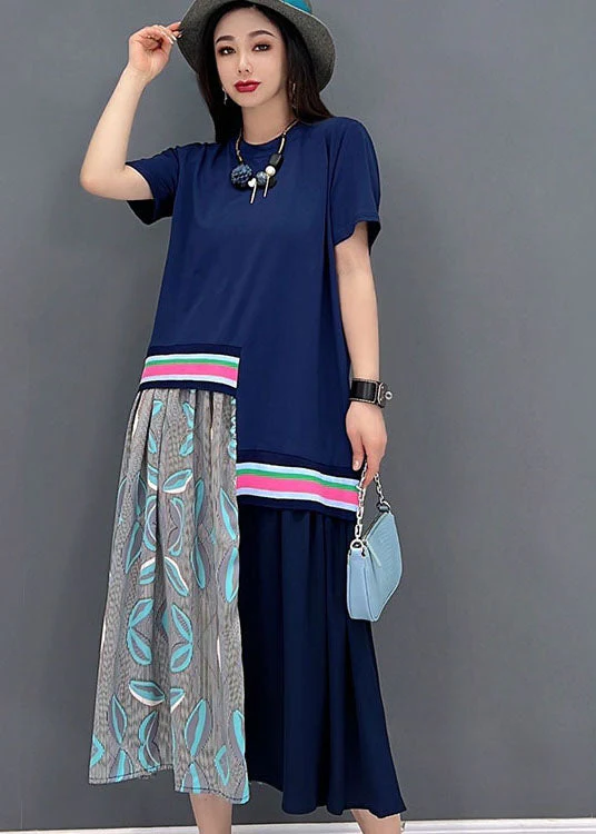 Casual Blue O-Neck Asymmetrical Design Cotton Maxi Dress Short Sleeve - Image 2