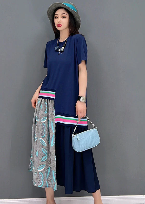 Casual Blue O-Neck Asymmetrical Design Cotton Maxi Dress Short Sleeve - Image 3