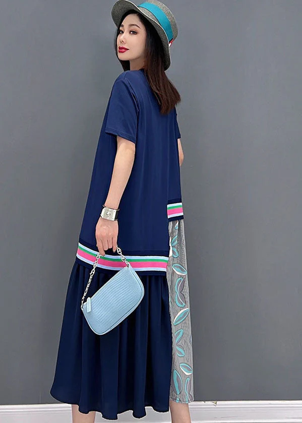 Casual Blue O-Neck Asymmetrical Design Cotton Maxi Dress Short Sleeve - Image 4