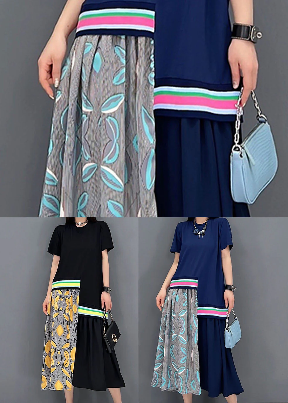 Casual Blue O-Neck Asymmetrical Design Cotton Maxi Dress Short Sleeve - Image 5