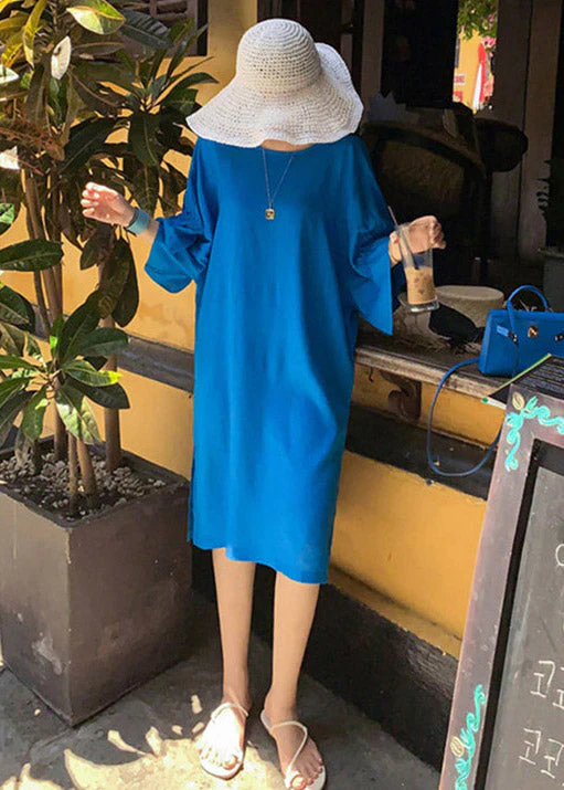 Casual Blue O-Neck Long Dresses Flare Sleeve - Image 2