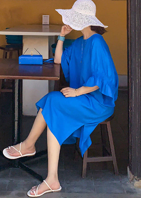 Casual Blue O-Neck Long Dresses Flare Sleeve - Image 3