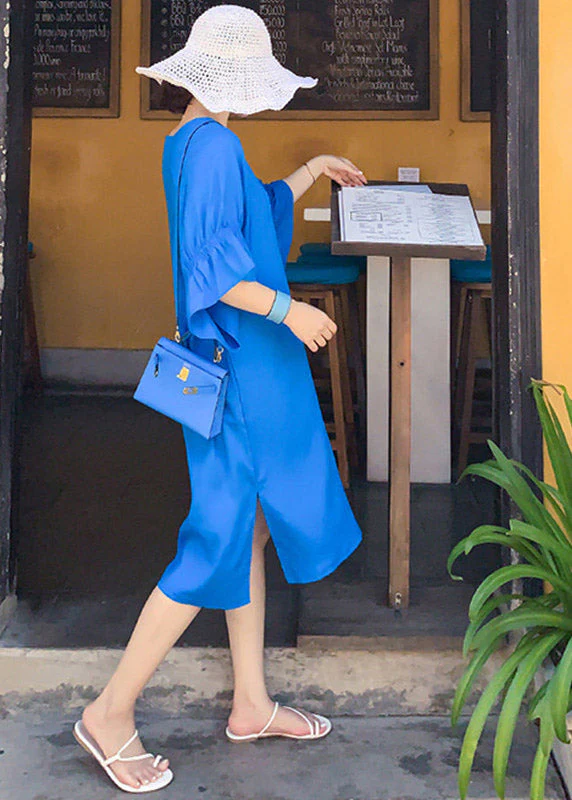 Casual Blue O-Neck Long Dresses Flare Sleeve - Image 4