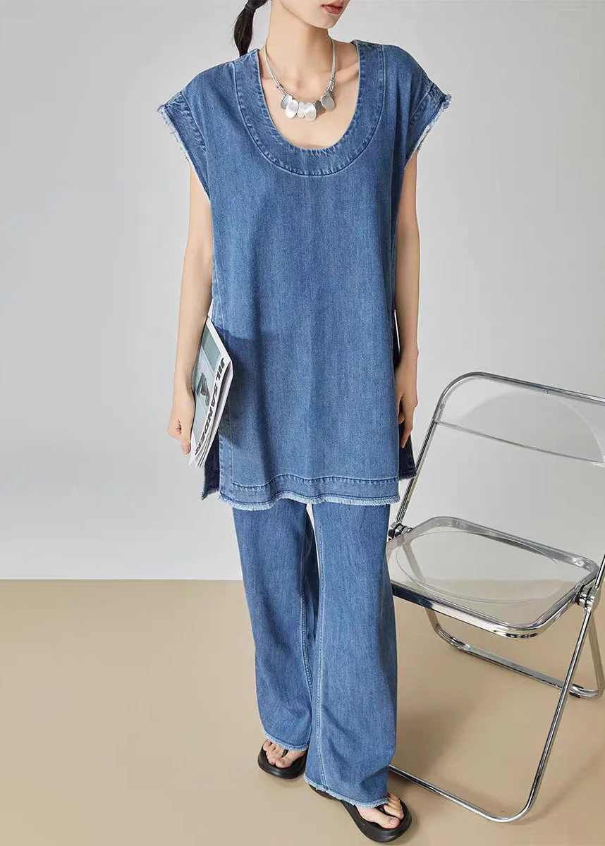 Casual Blue O-Neck Patchwork Denim T Shirt Dress And Jeans Two Piece Set Summer - Image 3