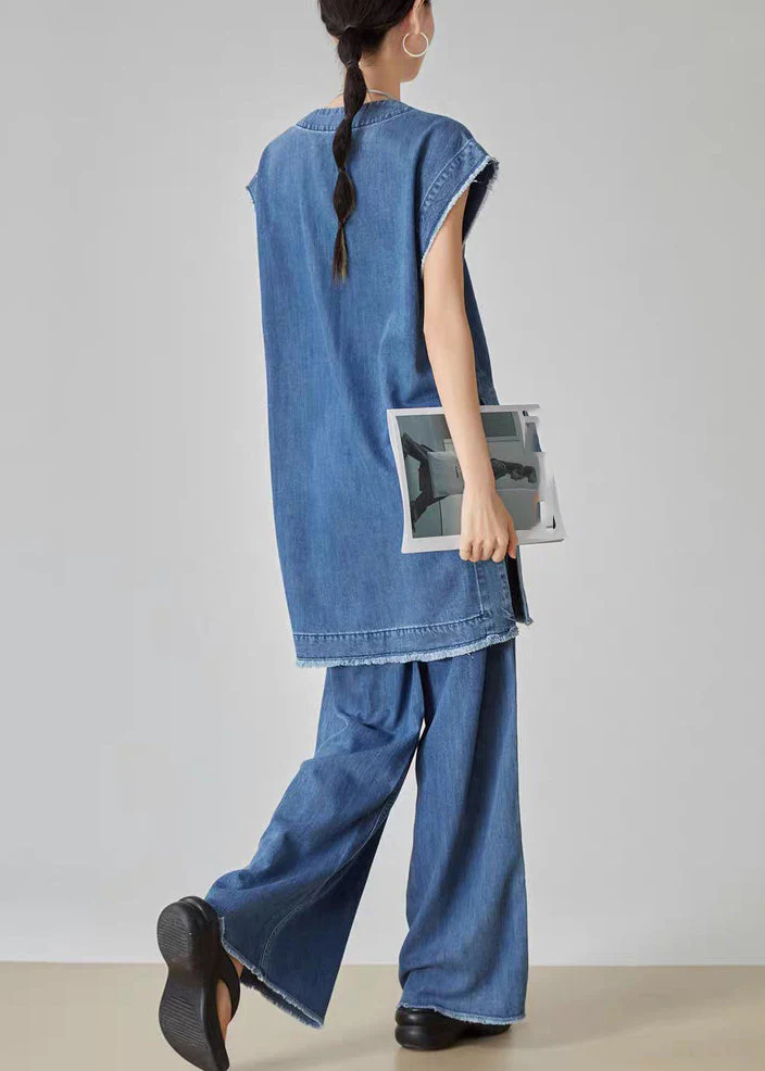 Casual Blue O-Neck Patchwork Denim T Shirt Dress And Jeans Two Piece Set Summer - Image 4