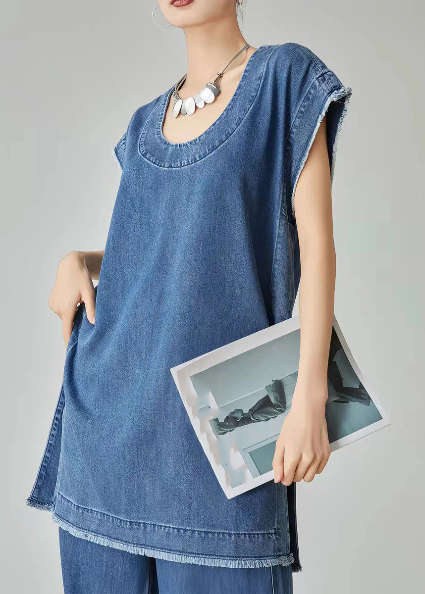 Casual Blue O-Neck Patchwork Denim T Shirt Dress And Jeans Two Piece Set Summer - Image 5