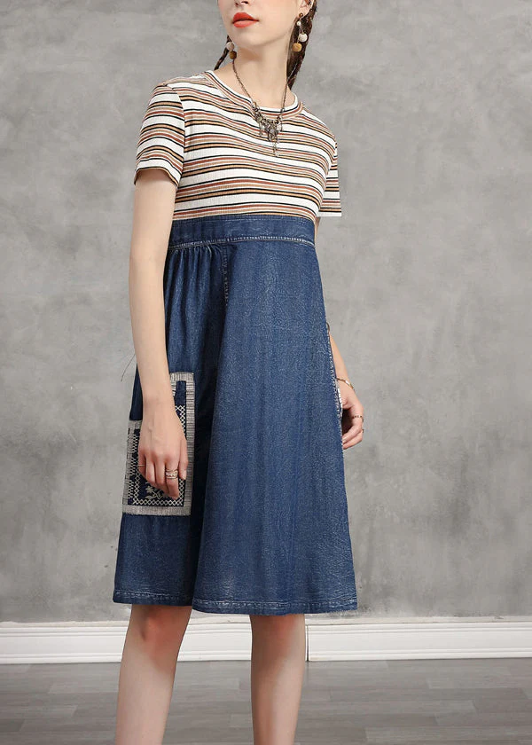 Casual Blue O-Neck Striped Knit Patchwork Denim Mid Dress Short Sleeve - Image 2
