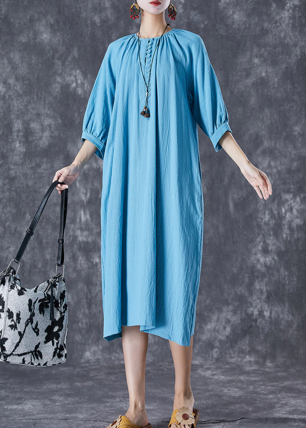 Casual Blue Oversized Button Down Linen Long Dress Bracelet Sleeve - Image 2