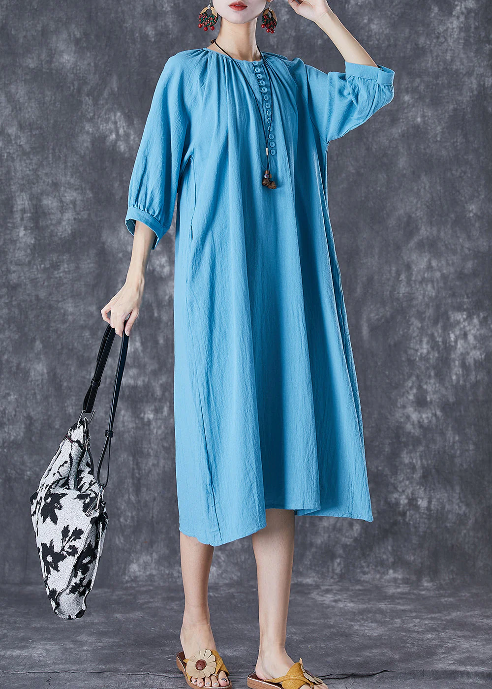 Casual Blue Oversized Button Down Linen Long Dress Bracelet Sleeve - Image 3