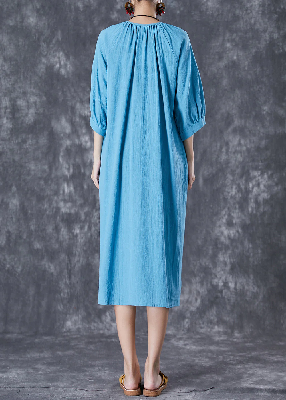 Casual Blue Oversized Button Down Linen Long Dress Bracelet Sleeve - Image 4